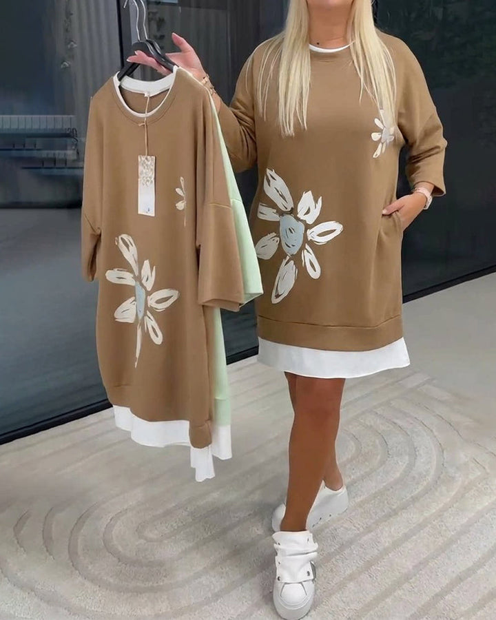 Elsa™ | Vestido sudadera con cuello redondo y estampado de patchwork