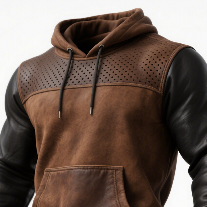 Marrón™ | Sudadera con capucha de cuero marrón con detalles perforados