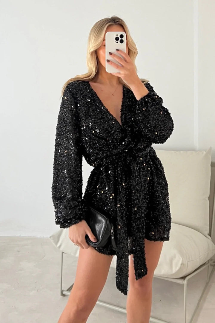 Luna™ | Romper de lentejuelas con cinturón y escote en V