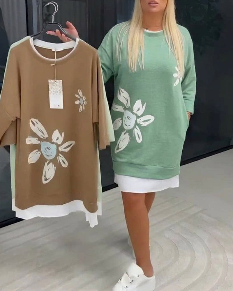 Elsa™ | Vestido sudadera con cuello redondo y estampado de patchwork