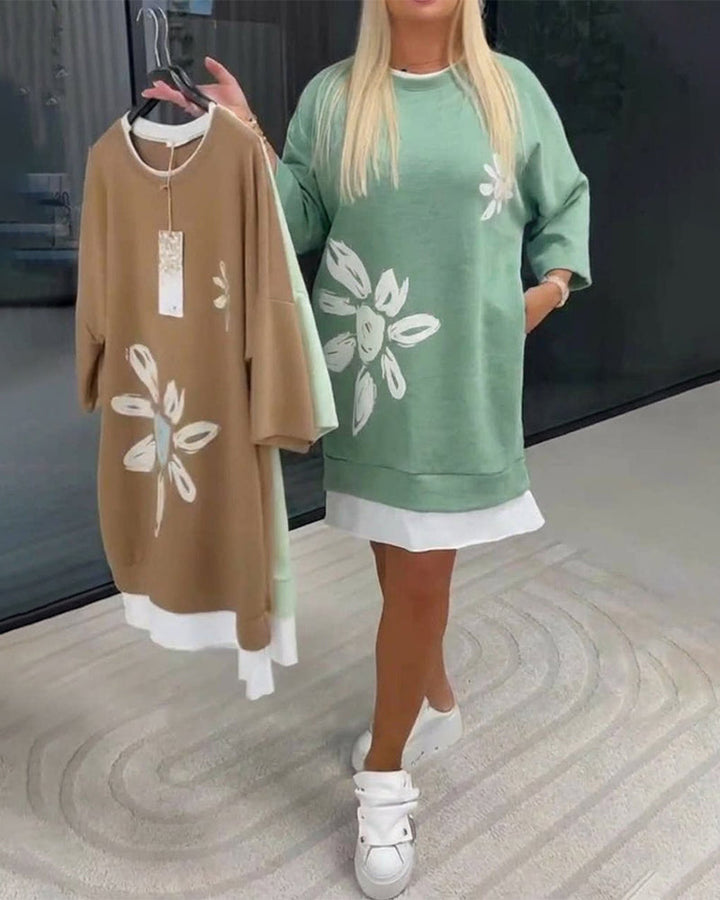 Elsa™ | Vestido sudadera con cuello redondo y estampado de patchwork