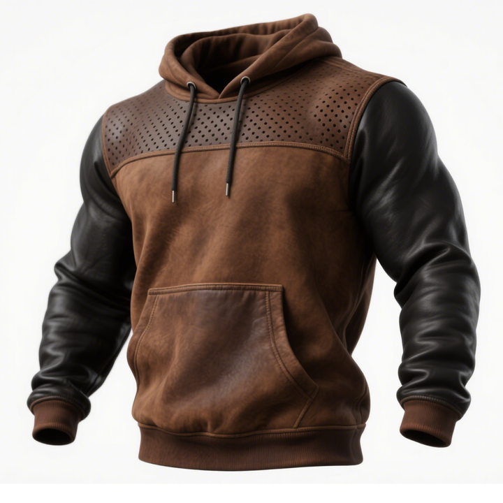 Marrón™ | Sudadera con capucha de cuero marrón con detalles perforados