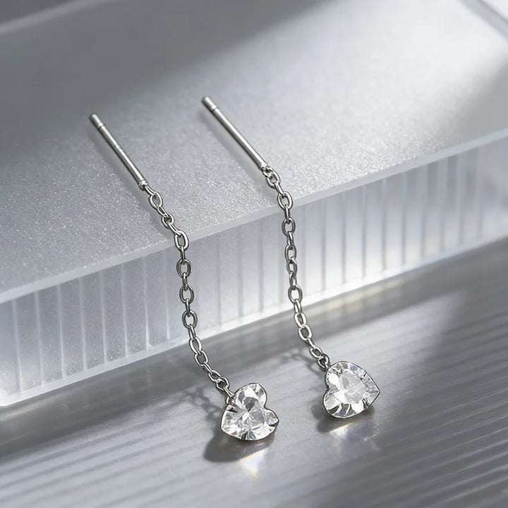 Dos Corazones™ | Pendientes de cadena larga con zirconia en plata