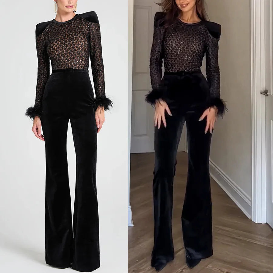 Noiré™ | Jumpsuit de encaje con plumas