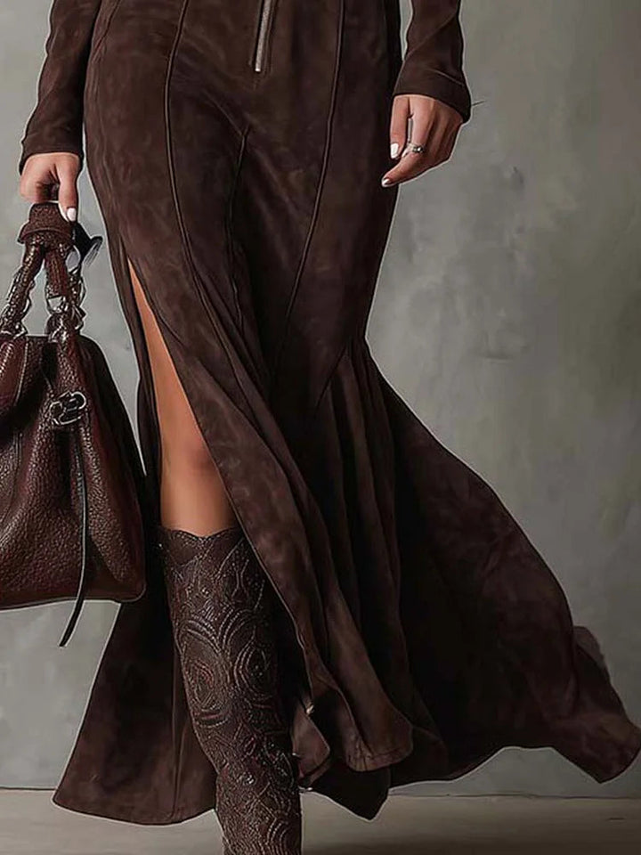 Almudena™ | Vestido largo marrón con cinturón